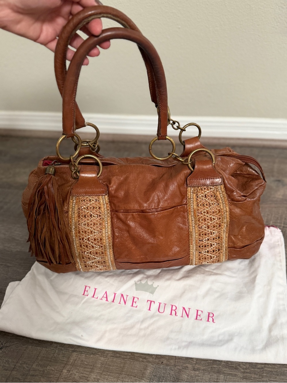 Elaine Turner Cognac Leather Beaded Fringe Purse Satchel
